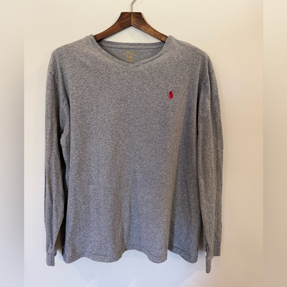 Polo by Ralph Lauren Gray Long-Sleeve V-Neck Shirt with Red Pony
